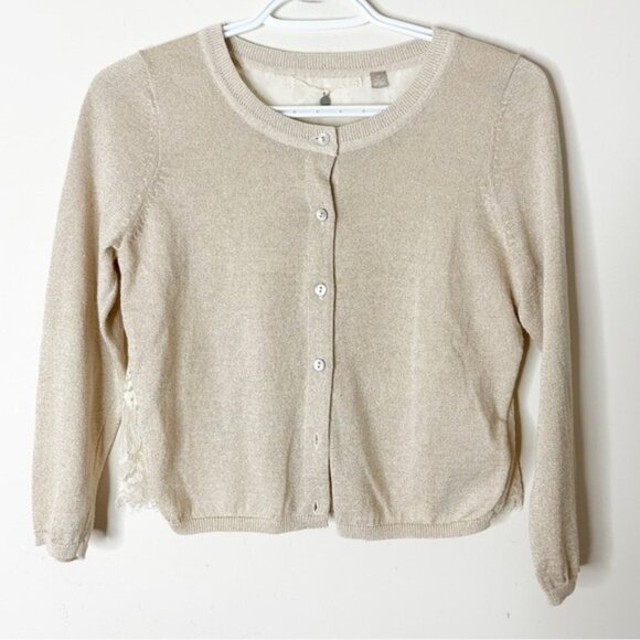 Anthropologie Knitted & Knotted Afterword Cardigan Sweater Beige Metallic Lace - Picture 4 of 16